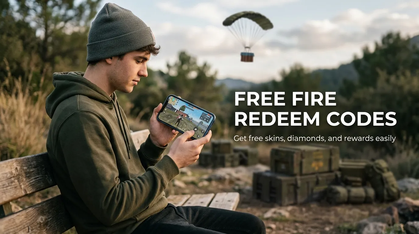 gamer playing free fire on smartphone with redeem codes banner showing free skins diamonds and rewards
