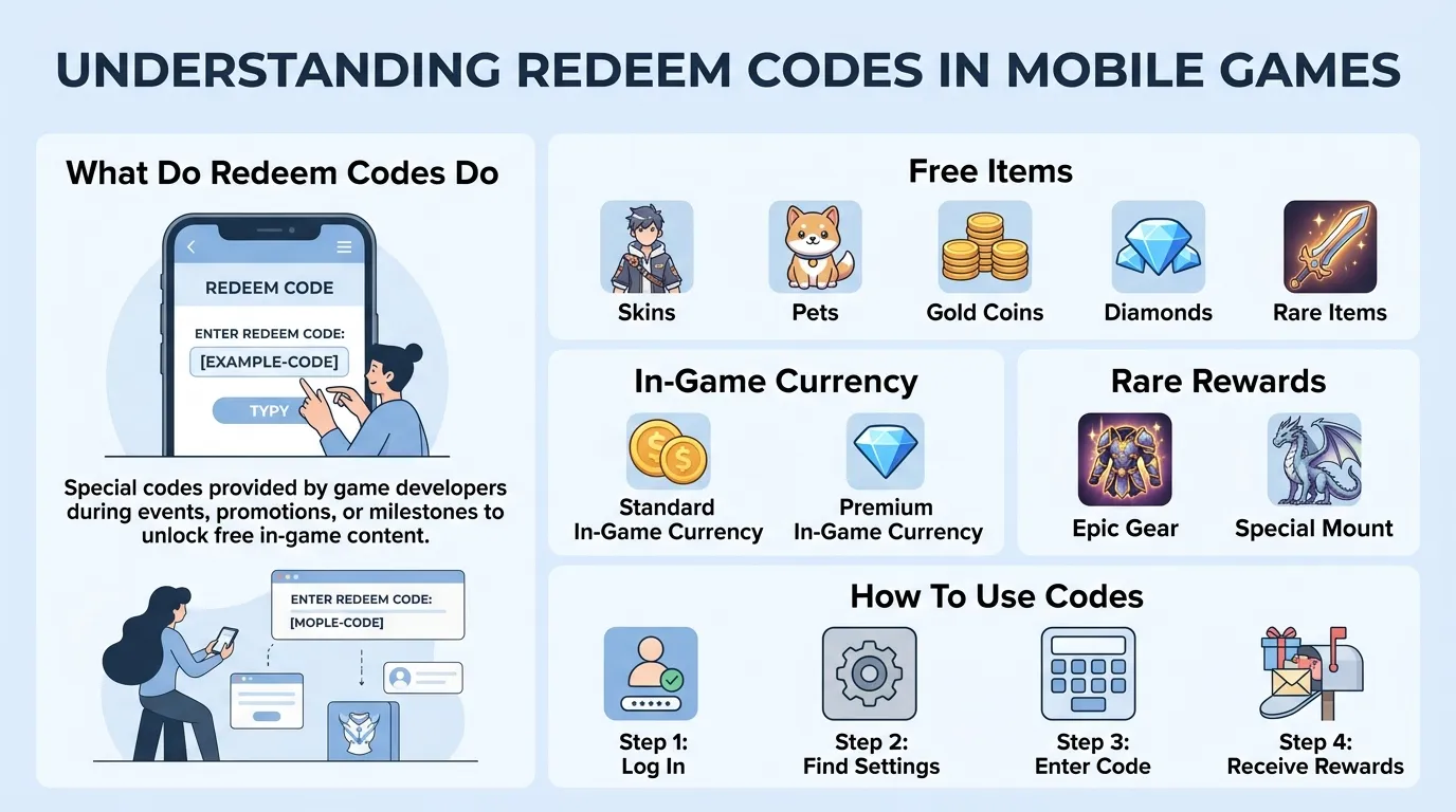 Infographic explaining how redeem codes work in mobile games showing free items, in game currency, rare rewards, and step by step redemption process