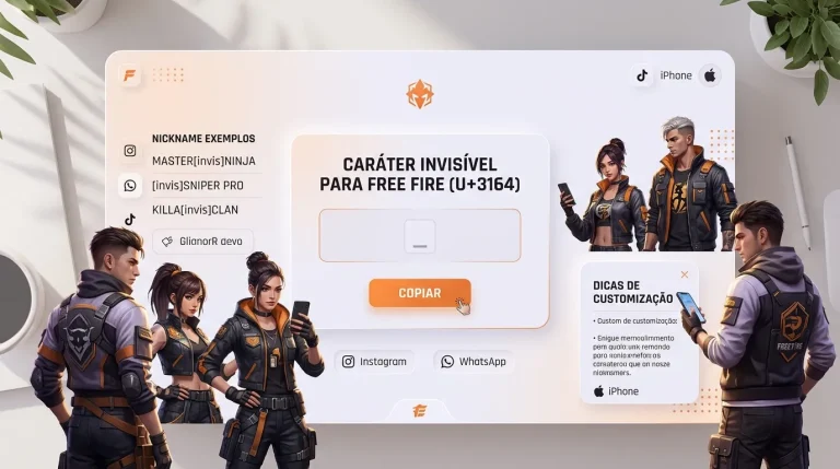 Espaço invisível para copiar e colar no Free Fire com personagens gamers