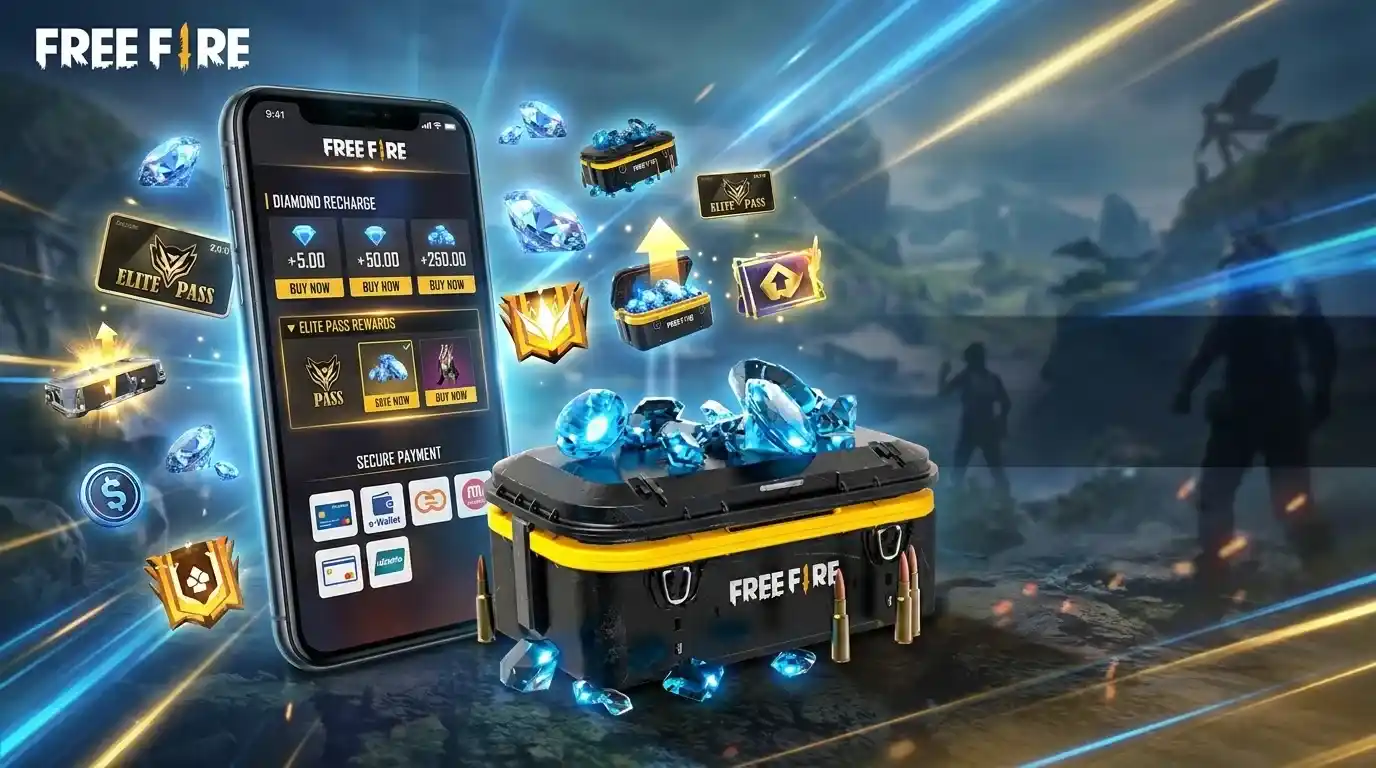 Hero Banner mostrando smartphone, diamantes e elementos de pagamento