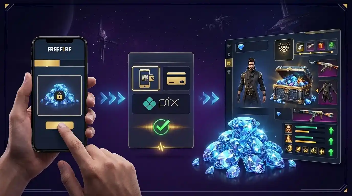 Fluxo visual mostrando Jogador Pagamento Diamantes Conta Free Fire