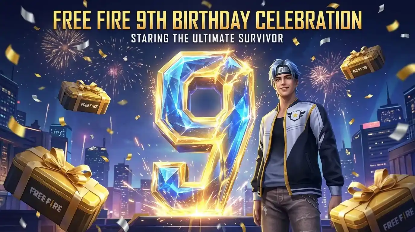 Free Fire 9th Anniversary rewards featuring Magic Cubes, character bundles, weapon skins, and anniversary event items.