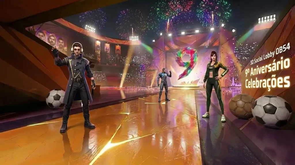 Free Fire OB54: Loja de Ouro Atualizada e Cubo Mágico Grátis no 9º Aniversário 9 Banner realista do 9º Aniversário do Free Fire com Alok, Palhaço Noturno e o Cubo Mágico na atualização OB54.