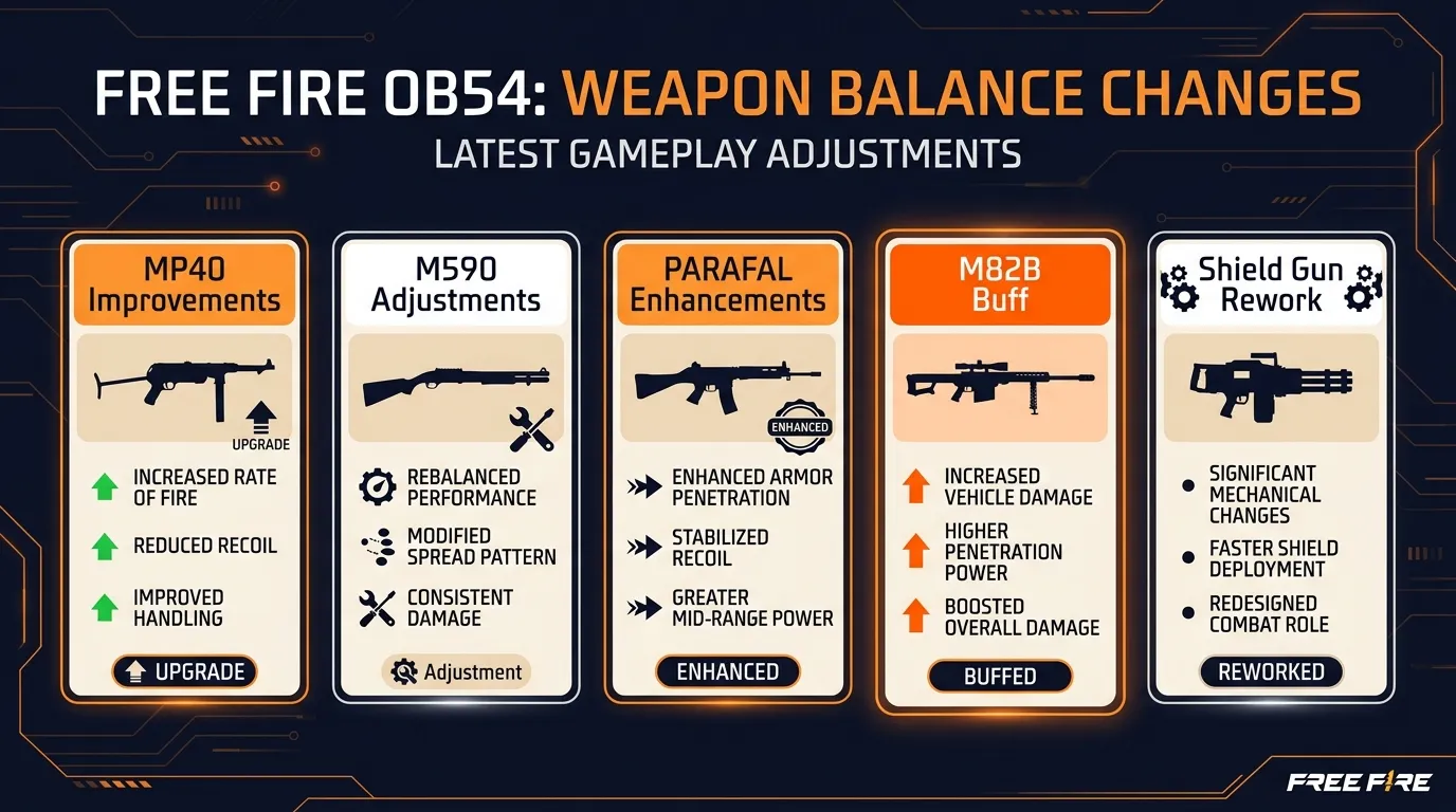 Free Fire OB54 weapon balance changes including MP40 improvements, M590 adjustments, PARAFAL enhancements, M82B buff, and Shield Gun rework.