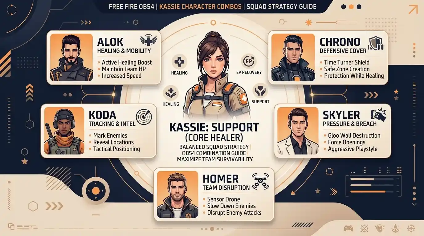 Best Kassie character combinations with Alok, Chrono, Koda, Skyler, and Homer in Free Fire OB54.