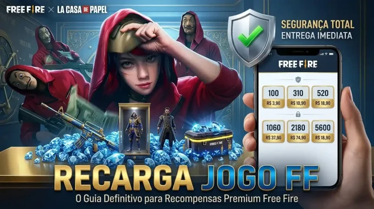 Recarga Jogo FF mostrando diamantes do Free Fire, recompensas premium e métodos seguros de recarga