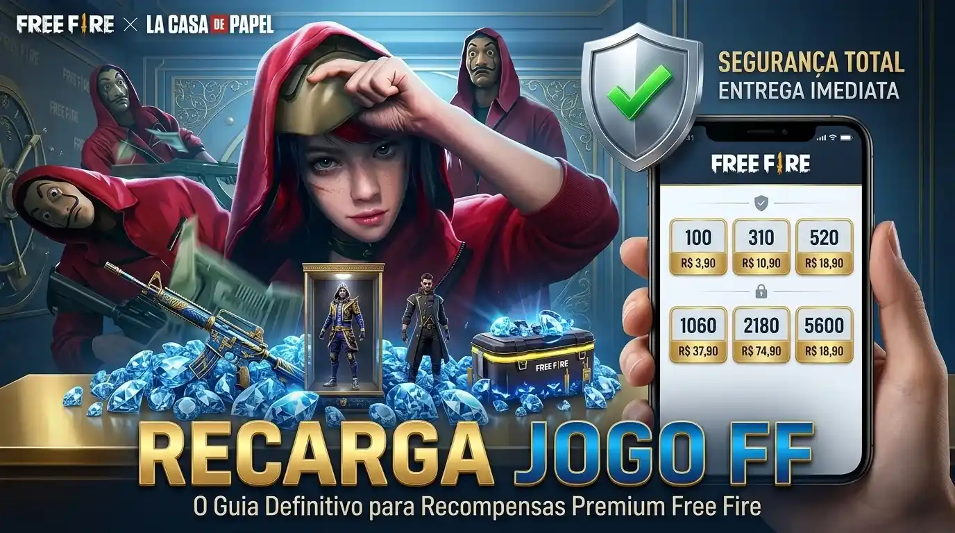 Recarga Jogo FF mostrando diamantes do Free Fire, recompensas premium e métodos seguros de recarga