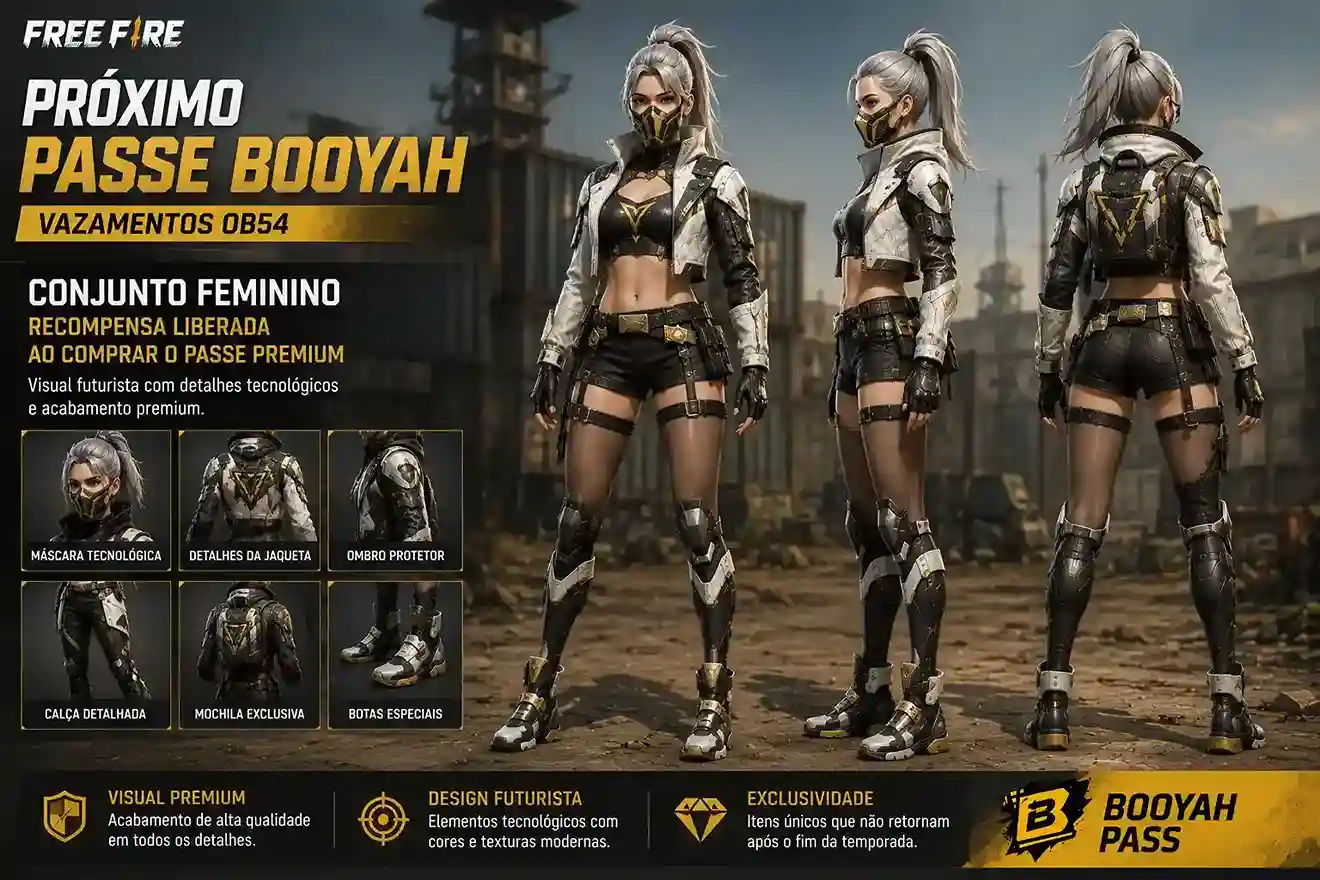 Conjunto feminino do próximo Passe Booyah do Free Fire
