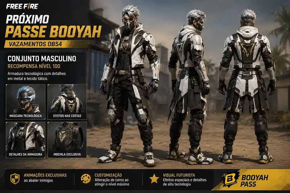 Conjunto masculino do próximo Passe Booyah do Free Fire