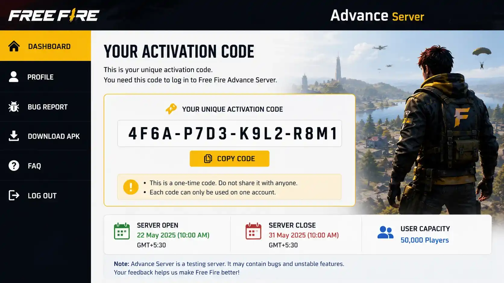 Free Fire Advance Server activation code dashboard
