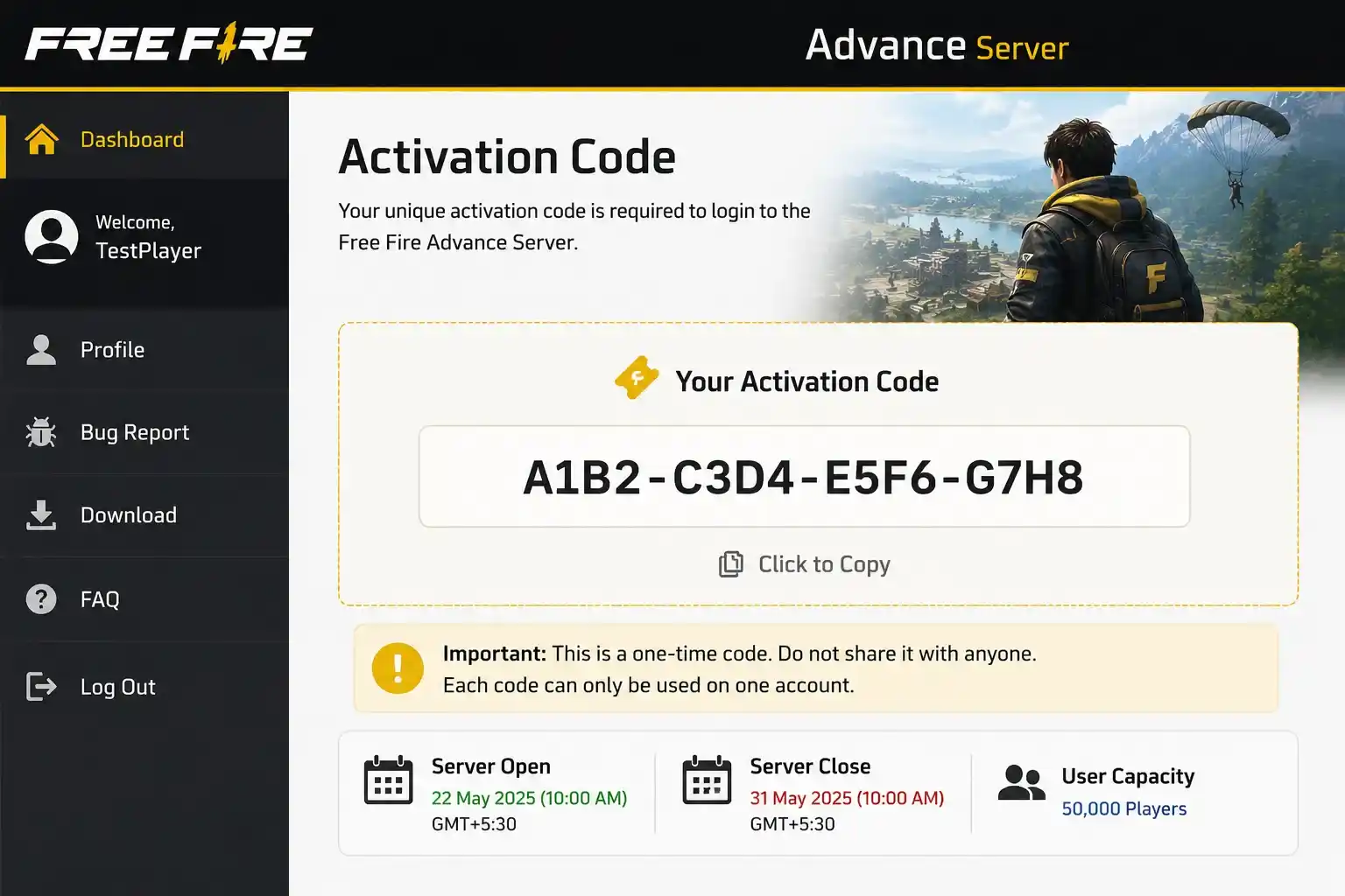 Free Fire Advance Server activation code