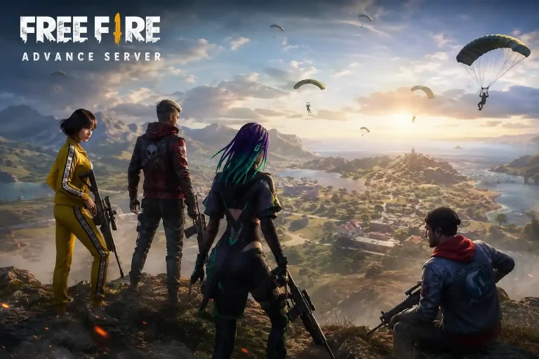 Free Fire Advance Server featured image showing battle royale characters overlooking the game map.