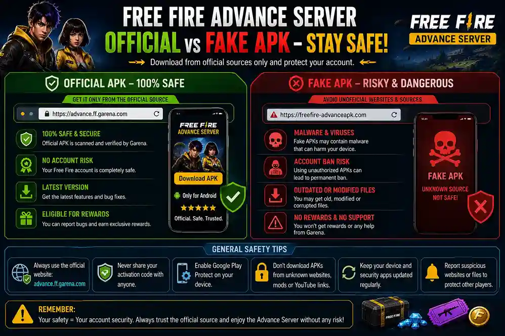 Official versus fake Free Fire Advance Server APK