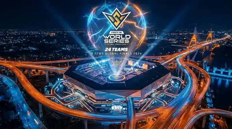 Free Fire Esports World Cup 2026 hero banner featuring professional players, championship trophy, and esports arena before the tournament begins.