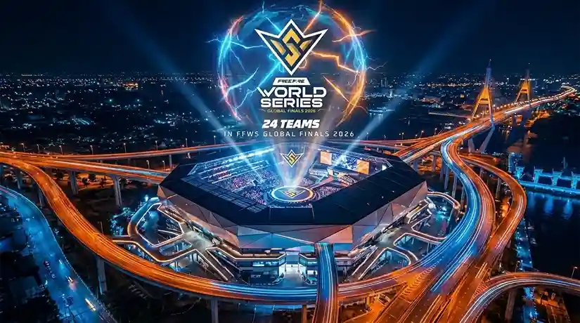 Free Fire Esports World Cup 2026 hero banner featuring professional players, championship trophy, and esports arena before the tournament begins.