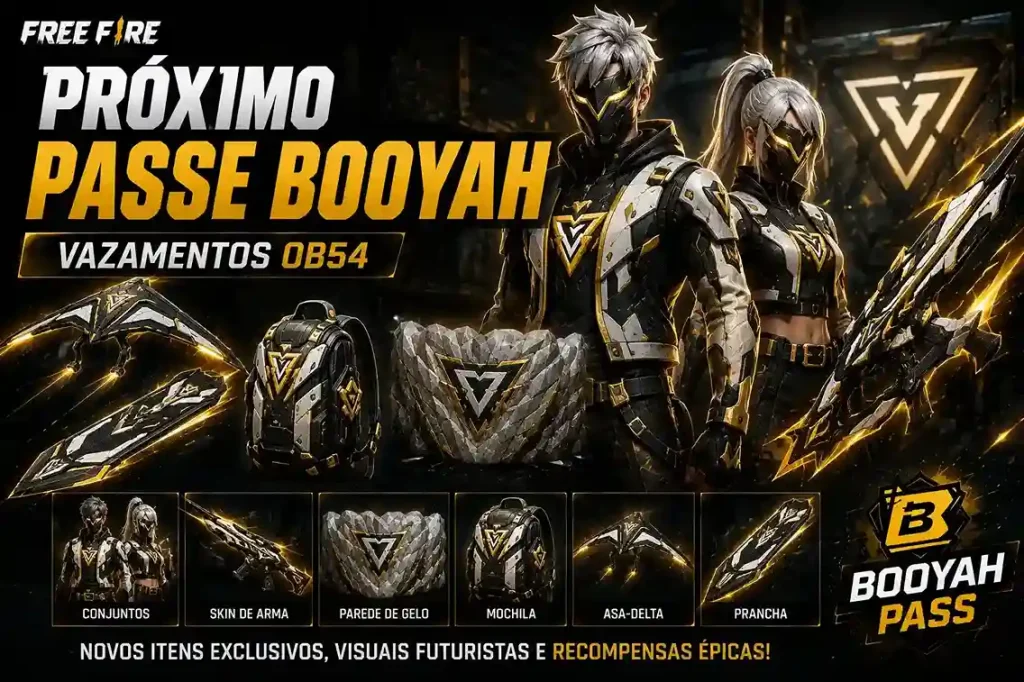 Banner do próximo Passe Booyah do Free Fire destacando os vazamentos da atualização OB54, conjuntos exclusivos, skin de arma e principais recompensas da nova temporada.