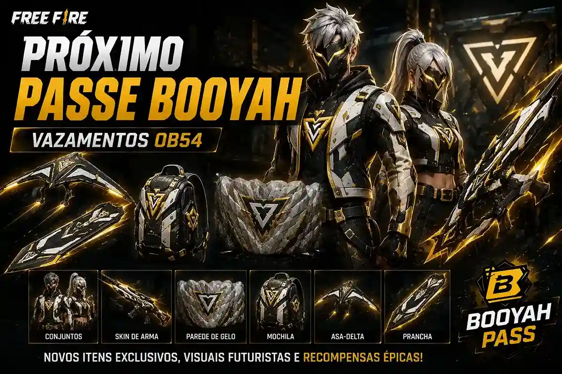 Banner do próximo Passe Booyah do Free Fire destacando os vazamentos da atualização OB54, conjuntos exclusivos, skin de arma e principais recompensas da nova temporada.