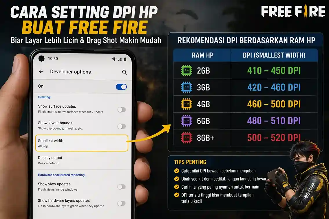 Cara setting DPI Free Fire berdasarkan RAM HP Android