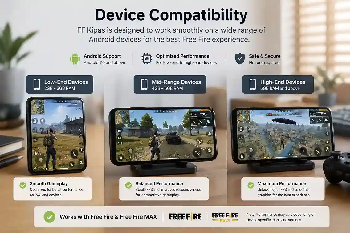 FF Kipas device compatibility for Android iPhone and PC emulators