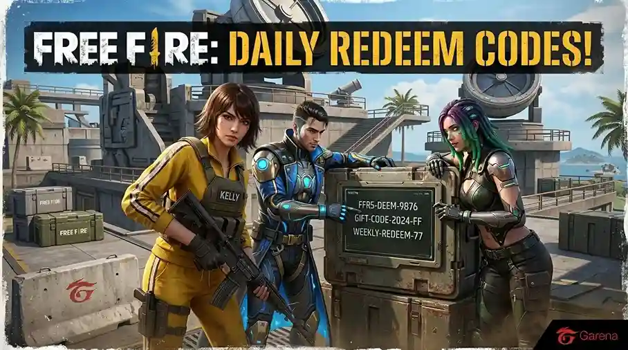 Free Fire daily redeem codes banner showing reward crate and in-game characters for August 2026