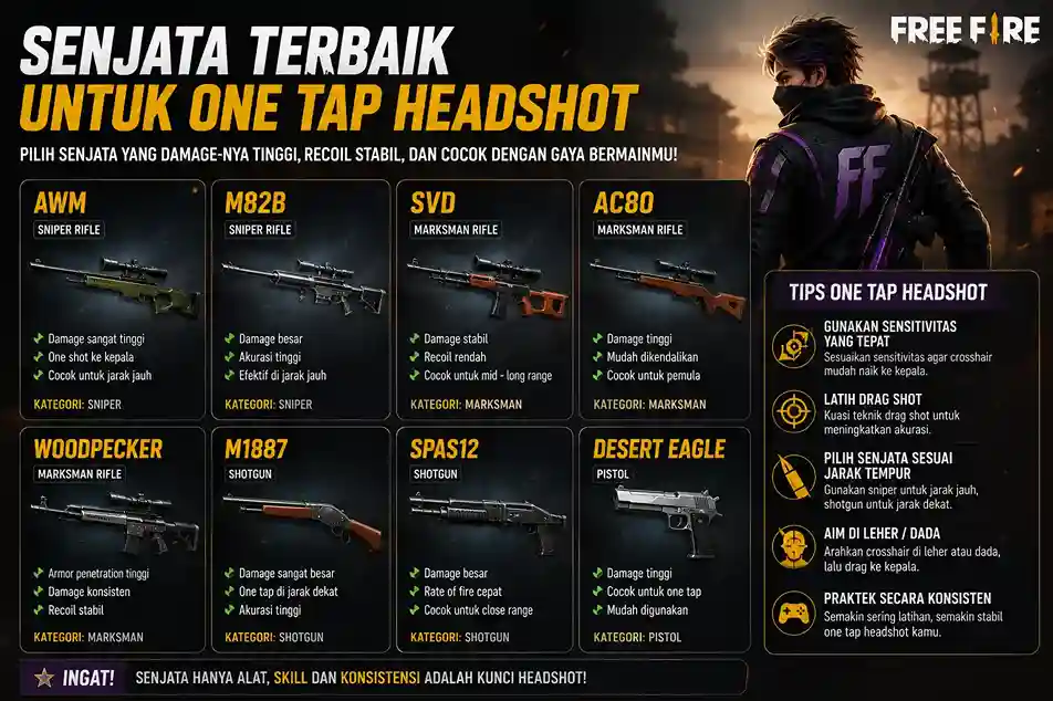 Senjata terbaik untuk one tap headshot di Free Fire