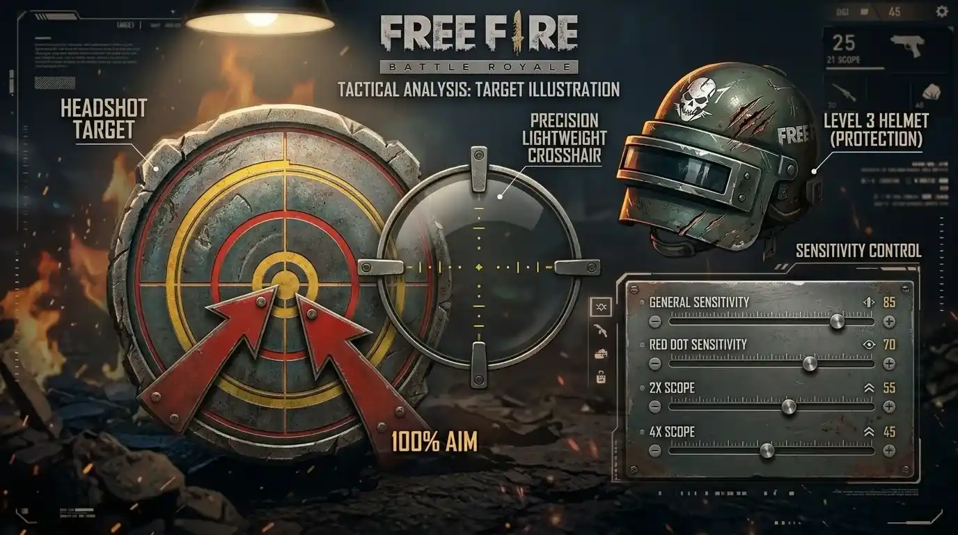 Free Fire headshot target, scope, helmet, and sensitivity control illustration
