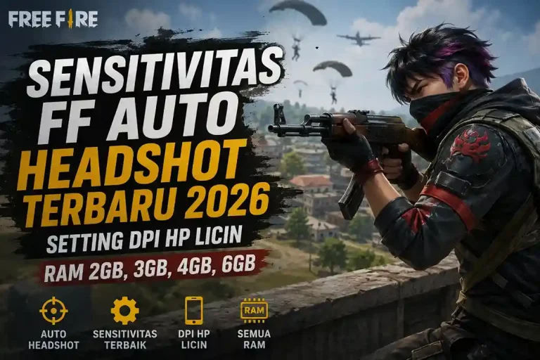 Ilustrasi pemain Free Fire dengan rekomendasi sensitivitas FF auto headshot terbaru dan setting DPI HP licin untuk RAM 2GB, 3GB, 4GB, dan 6GB.